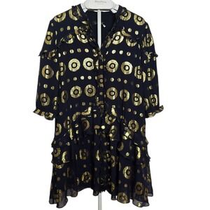 Saloni Metallic Silk‎ Lurex Ruffle Mini Dress Womens 8 Navy Gold Boho Party